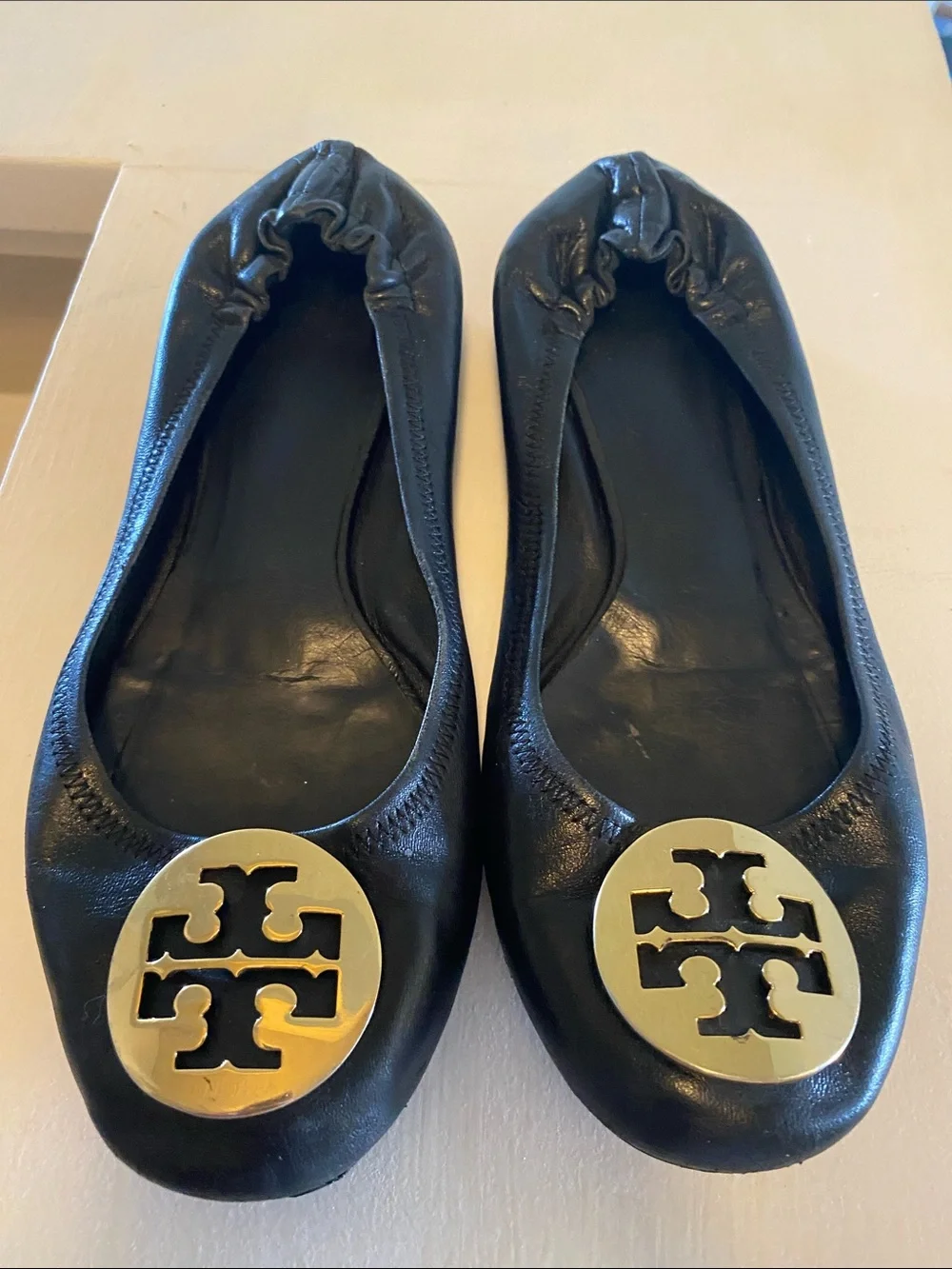 Tory Burch Black Leather Ballet Flats with Gold Logo Discs